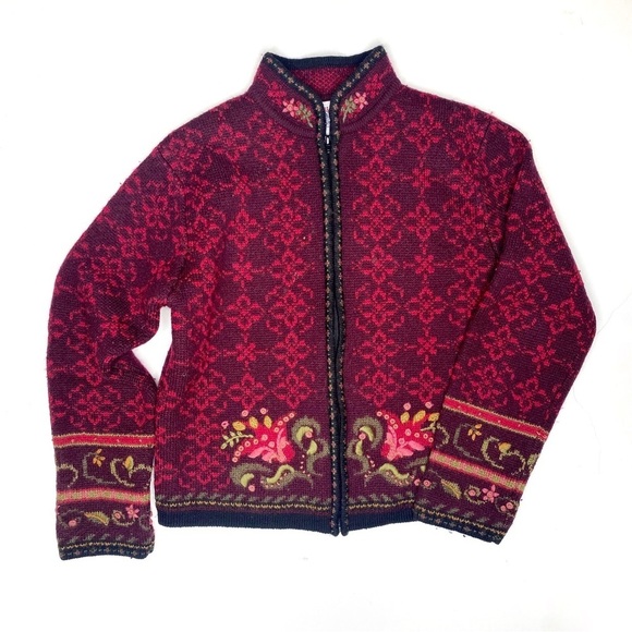Vintage Tally Ho 100% Wool Floral Zip Cardigan Sweater Red Small Petite - Picture 1 of 7